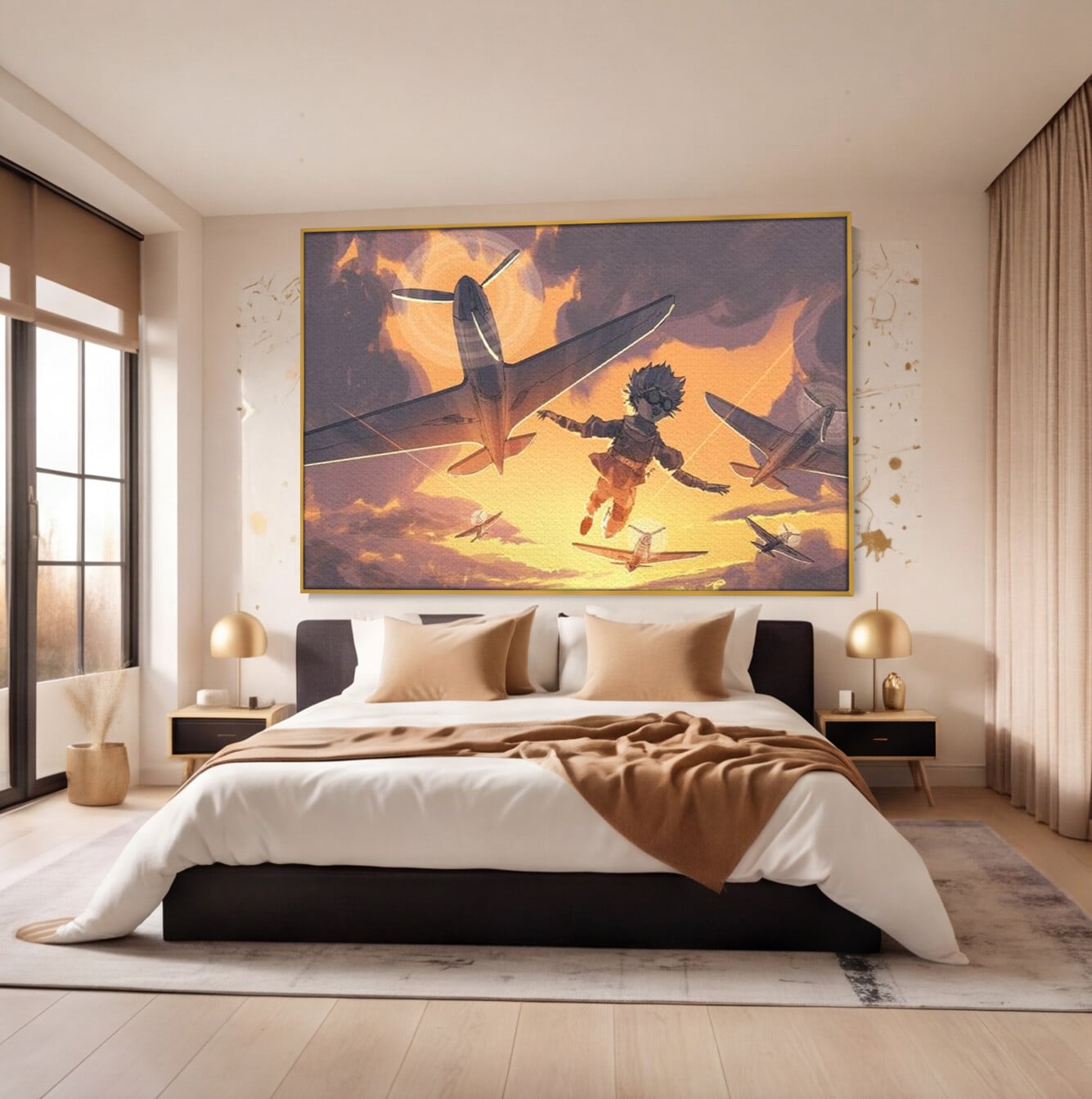 Tablou canvas cu ilustratie digitala cu un baietel zburand alaturi de avioane, in rama de aluminiu auriu, pe perete intr-un dormitor